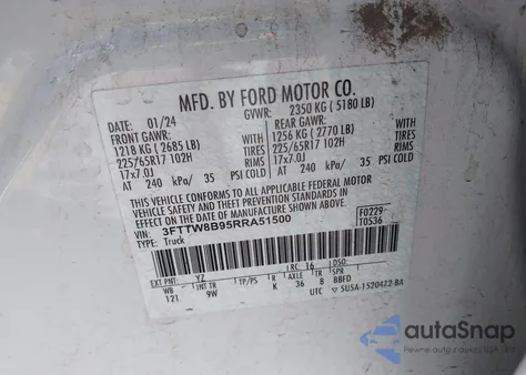 2024 Ford Maverick Xl из США, поврежденный, VIN 3FTTW8B95RRA51500